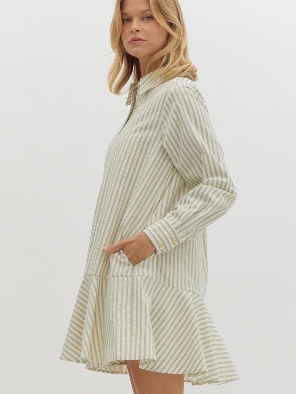 Entro NWOT Striped Button Up Ruffle Hem Dress With Pockets Sz Large